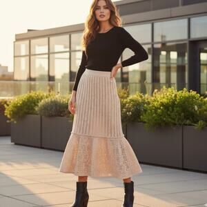 NWT Marc New York Knit Crochet Fit and Flair Midi Skirt Ecru Size Small